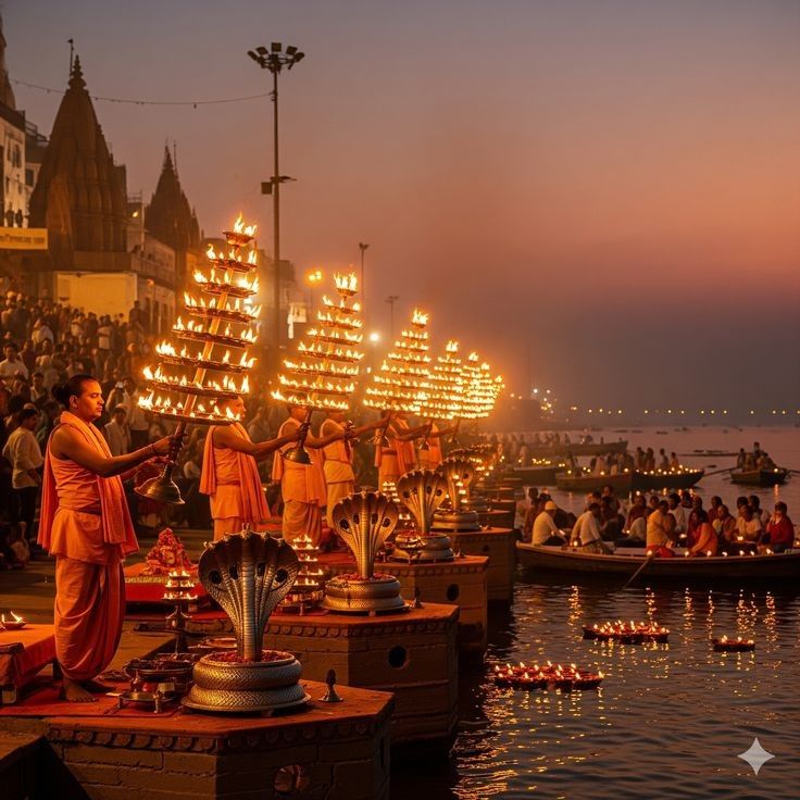 A mesmerizing evening Ganga Aarti ceremony illuminated by hundreds of glowing diyas, reflecting divine devotion and the spiritual grandeur of Uttarakhand’s sacred riverbanks.